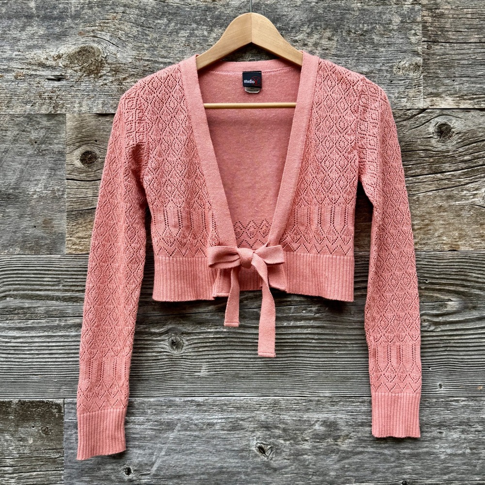 Studio Y Pointelle‎ Crochet Y2K Cropped Cardigan Pink S Twee Coquette Balletcore